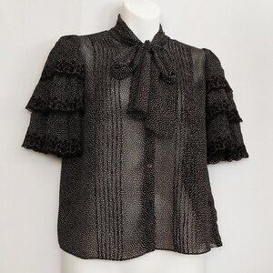 Rebecca Minkoff Blouse Black White Dots Size 00 Embroidery Tie Front Ruffle Silk
